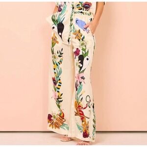 Women's Surrealist Novelty Printed Palazzo Satin Wide-Leg Pants Cream Small